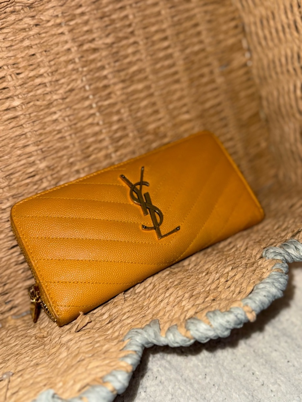 Saint Laurent Mustard Quilted Zip-Around Wallet with YSL Emblem